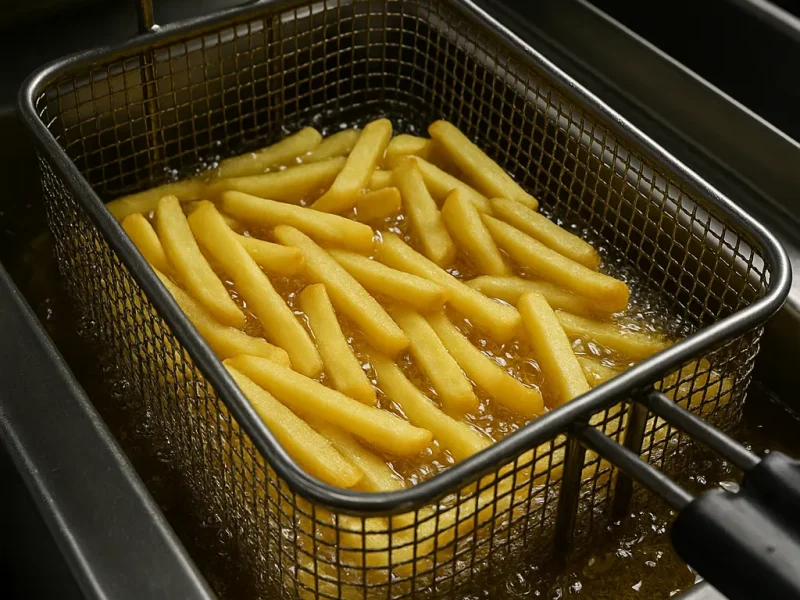 Pommes frites in einem Fritter mit Speiseöl.